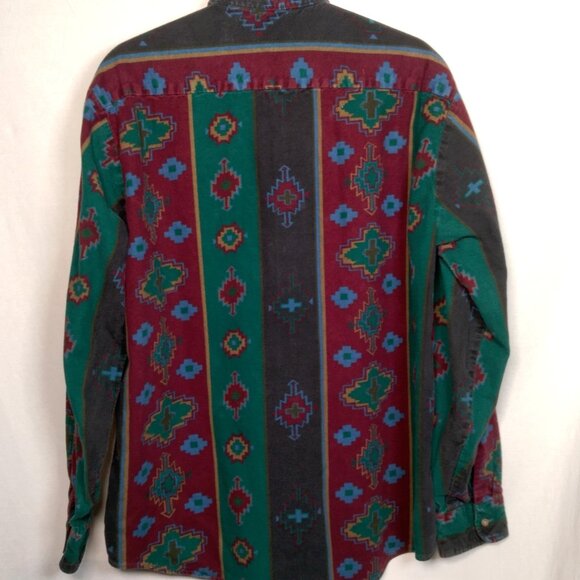 Vintage Chamois Shirt Men Large Southwest Geometric Maroon Green Western Flannel - Picture 2 of 16